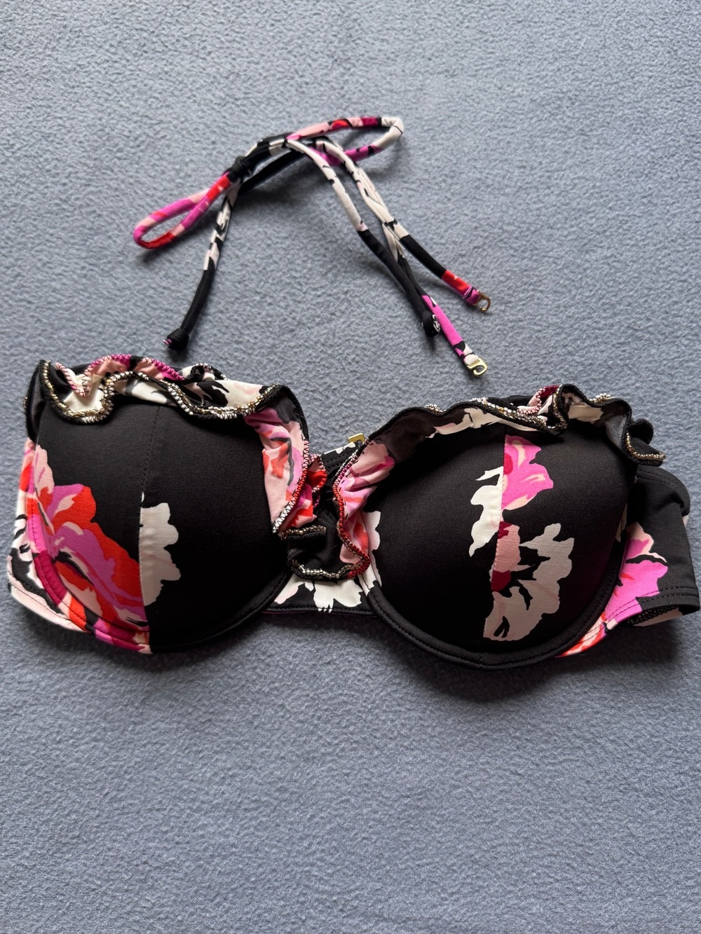 Victoria's Secret Black Floral Underwire Bikini Top with Pink Accents